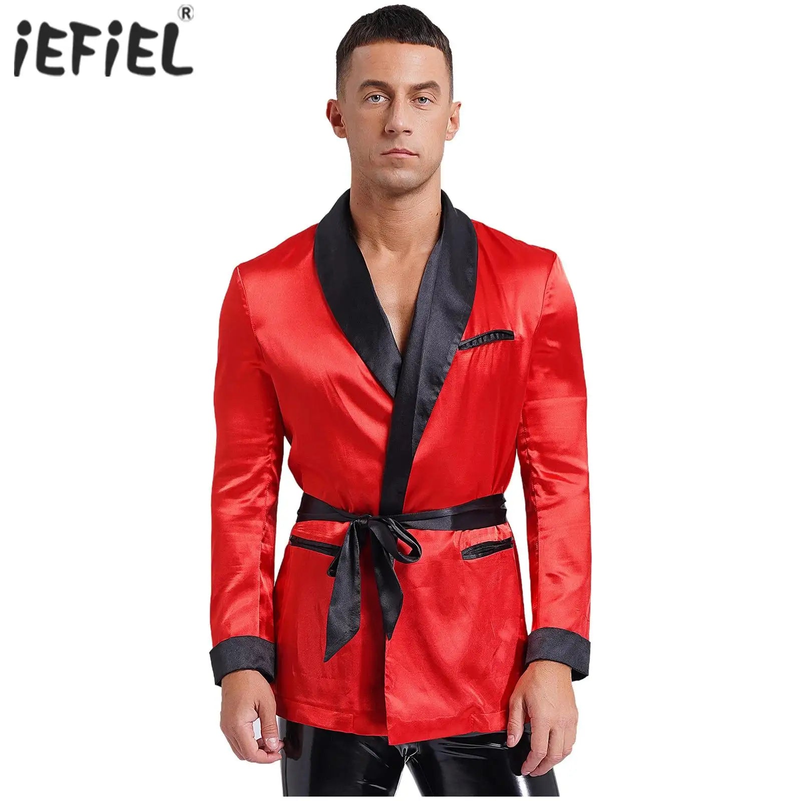 Mens Sleepwear Jacket Robe with Belt Pajamas Top Lapel Long Sleeve Side Pockets Bathrobe Nightwear/ Loungewear