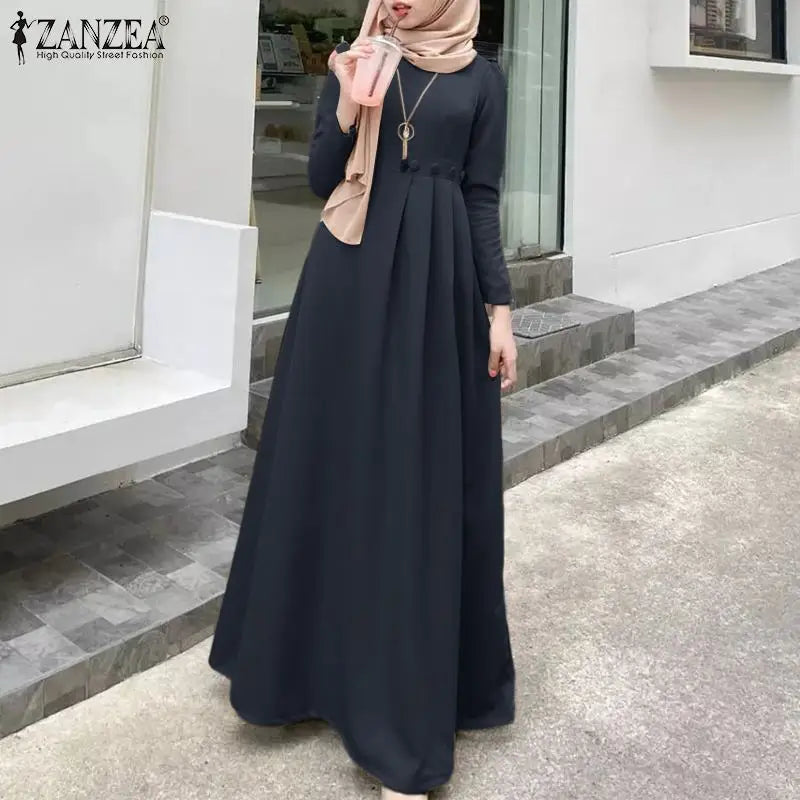 ZANZEA Women's Long Dress Spring Full Sleeve O-Neck Solid Sundress Casual Loose Elegant Robe