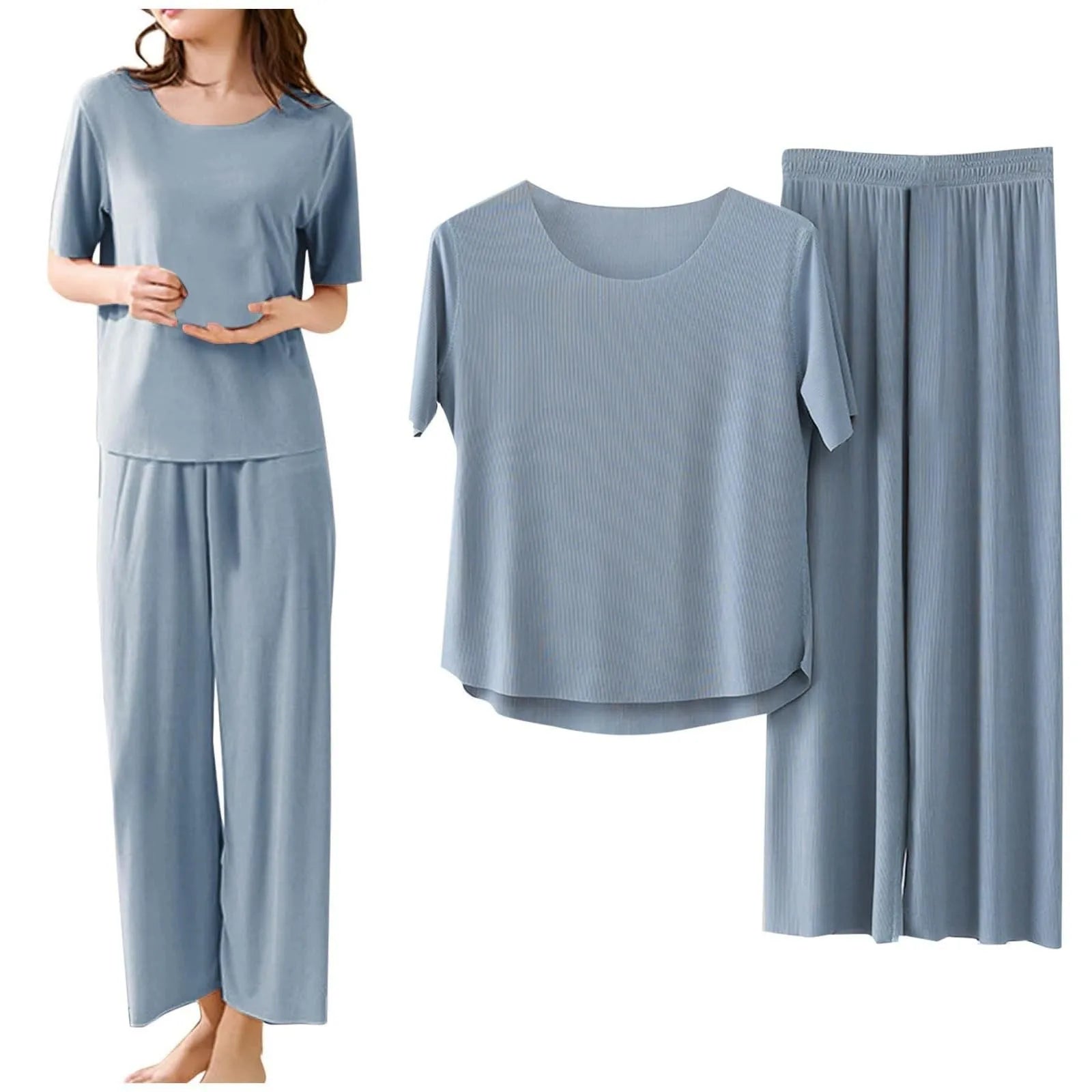 Women Casual Solid Color Sleepwear Set  Non-Marking Loose Short Sleeved Top Cropped Pants Homewear Ice Silk Pajamas Suit