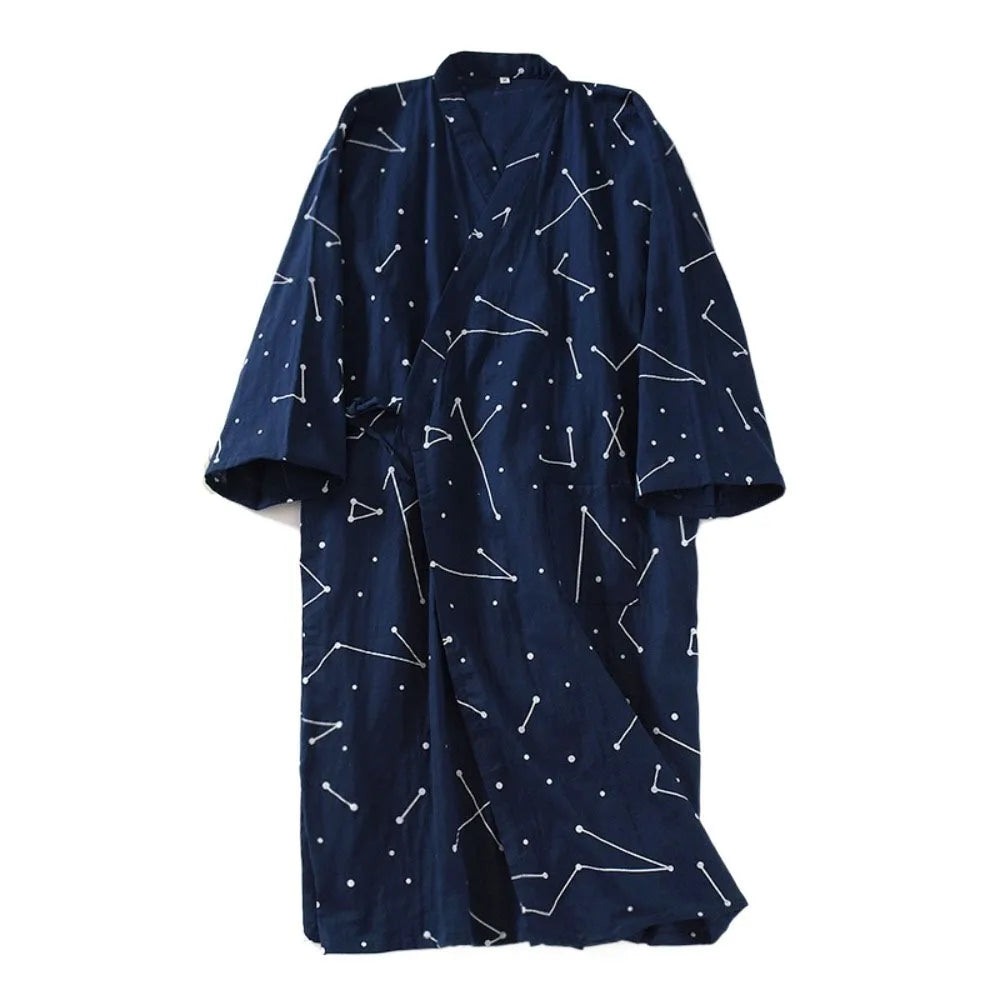 Sleepwear V-Neck Men's Kimono Bathrobe Long Sleeve Thin Japanese-Style Yukata Casual Print Men's Hooded Robe Homewear
