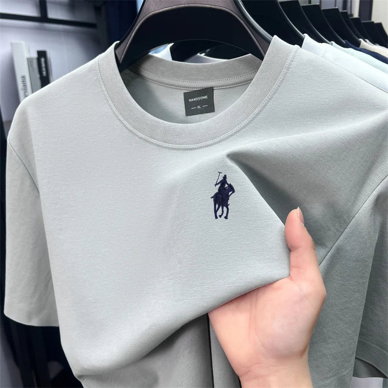 High end short sleeve T-shirt men's fashion brand pony embroidery summer new silk cotton breathable casual round neck Paul top
