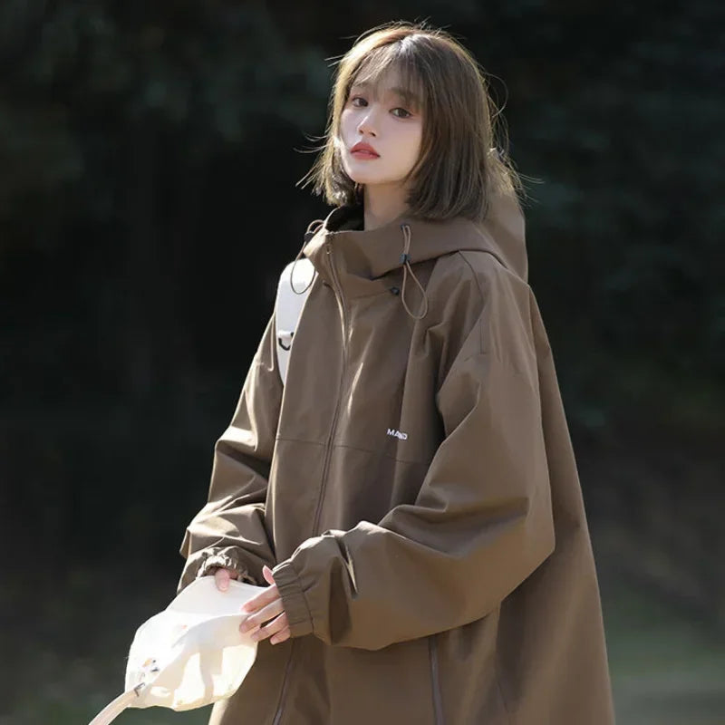 Women's Loose Windproof Zipper Hooded Jacket