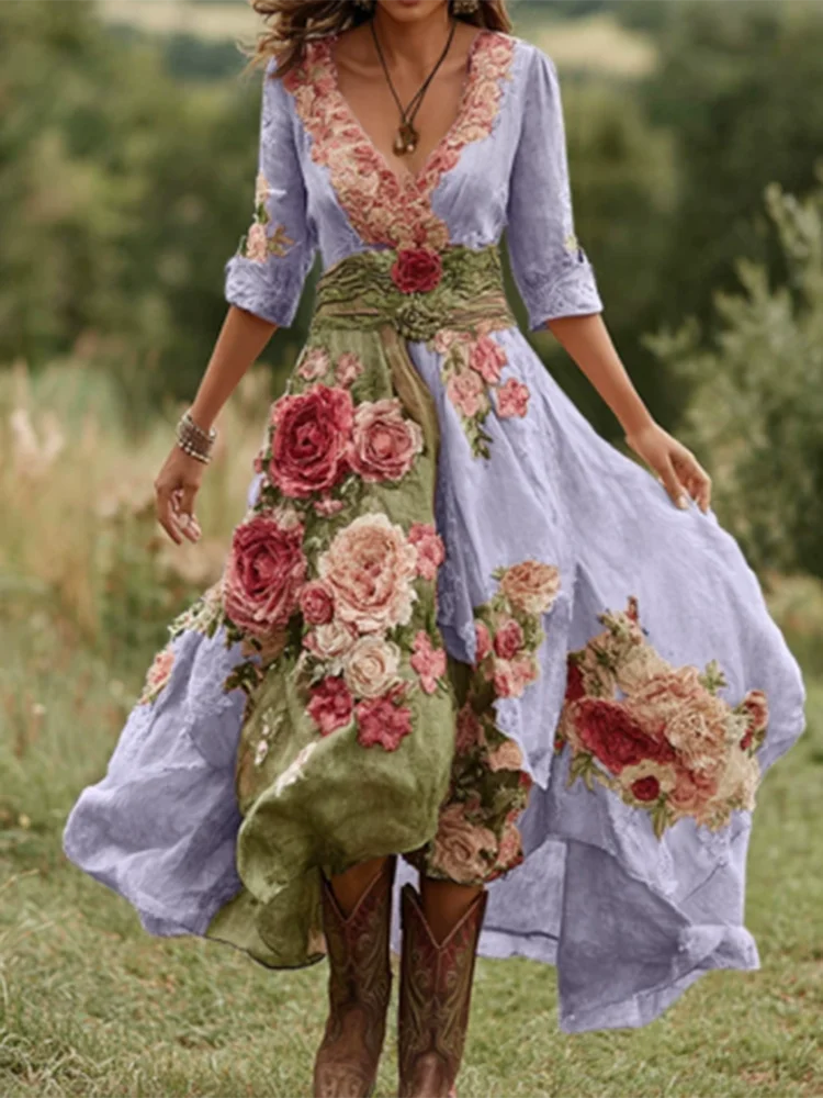 Casual Long Sleeve Party Dresses Elegant Flower Print Waist Big Swing Long Dress Women's Sexy Deep V-neck Draped Bohemian Dress
