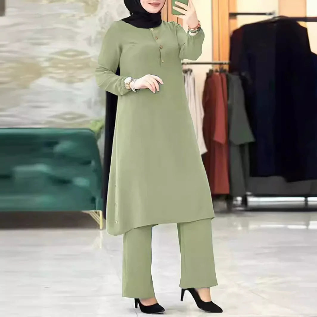 Two Piece Women Modest Set Top Lace Up Wide Leg Pants Suit Ramadan  Casual Ensemble Arabic Outfits