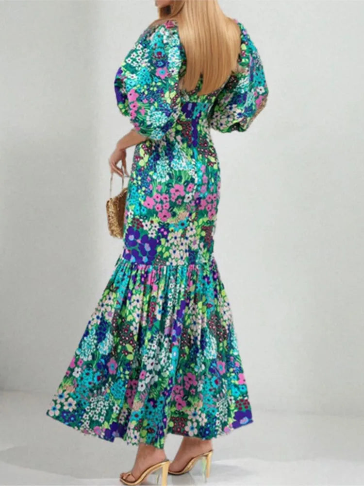 Fashion Print Dress For Women Casual O-Neck Puff Sleeve High Waist Dresses Robe Femme Elegant Party Womens Clothing Summer New