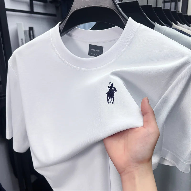 High end short sleeve T-shirt men's fashion brand pony embroidery summer new silk cotton breathable casual round neck Paul top