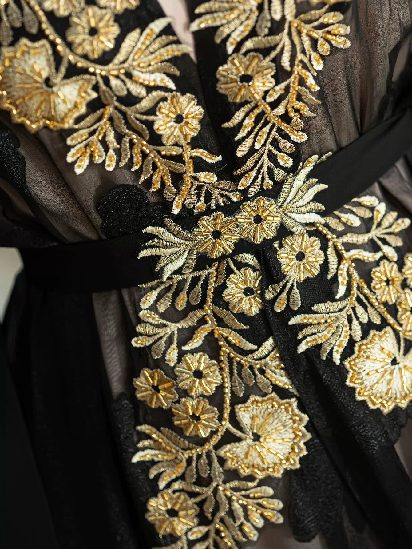 Women's Black Gold Lace Embroidered Two Piece Set with Belt Robe Light and Elegant Middle Eastern Spot