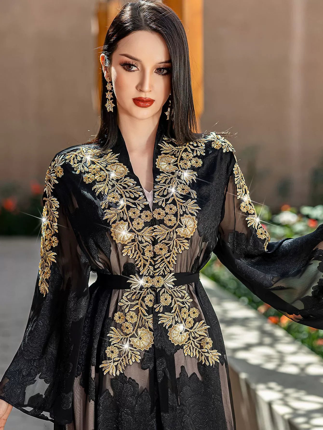 Women's Black Gold Lace Embroidered Two Piece Set with Belt Robe Light and Elegant Middle Eastern Spot