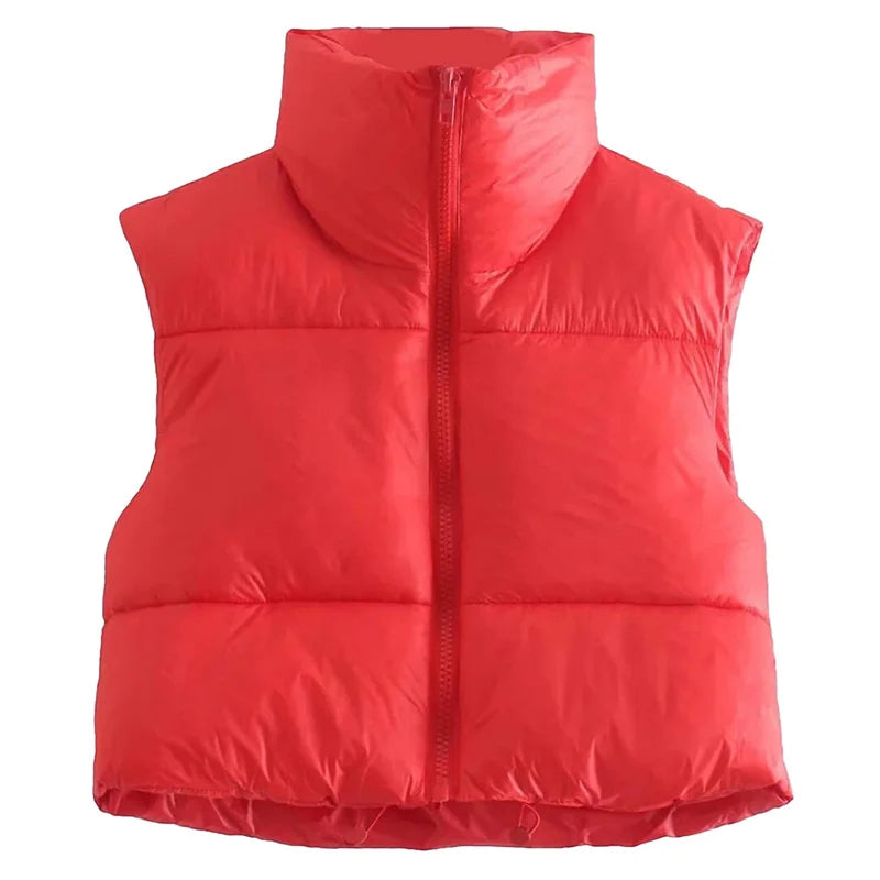 Women Winter Warm Crop Waistcoat Sleeveless Stand Collar Double Sided Lightweight Puffer Vest