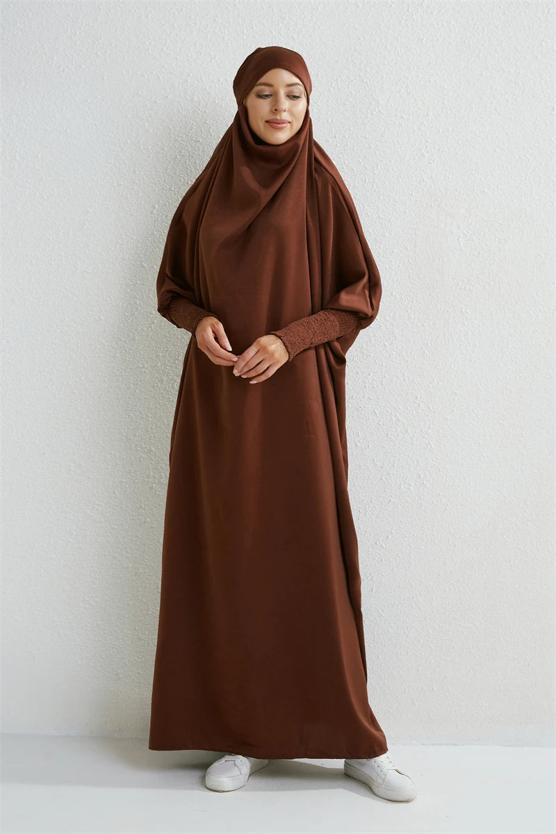 Abaya Hooded Smocking Sleeve One-piece Prayer Dress Women Jilbab  Clothing Dubai Saudi Black Robe Turkish Modesty