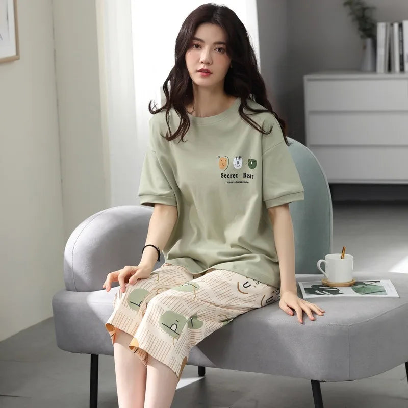 Women Sleepwear Half-Sleeve Seven-Quarter Trousers Student Nightwear Homewear Set Round Neck Cartoon Ladies Pajamas Loungewear