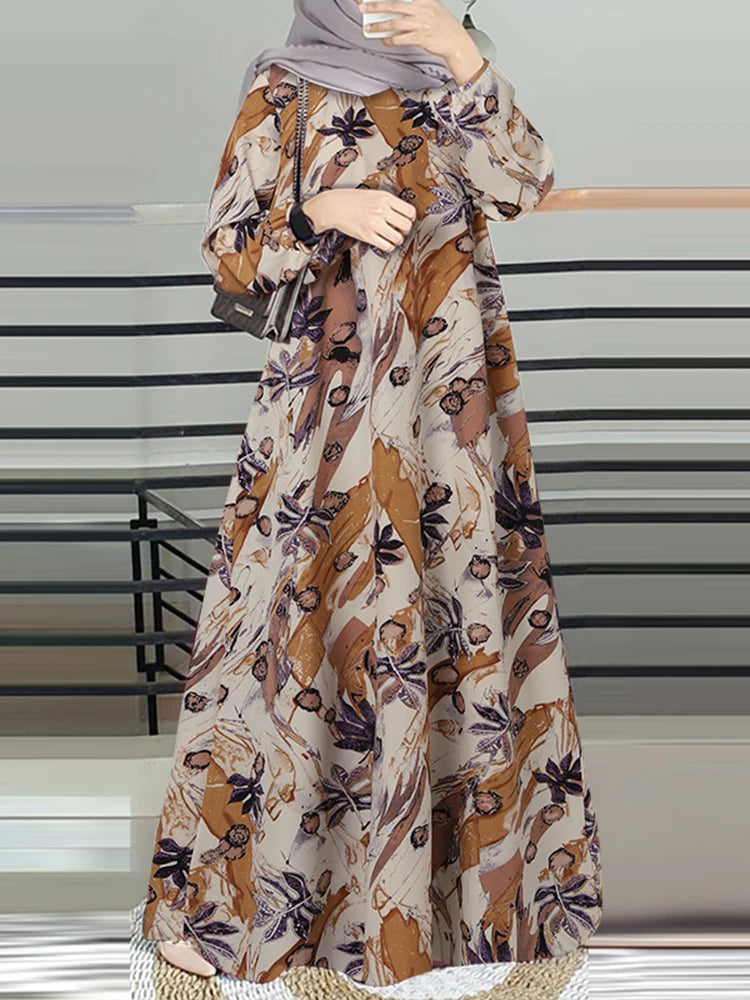 2025 ZANZEA Vintage Elegant Women Long Sleeve Muslim Dubai Dress Clothing Floral Printed Turkey Abaya Hijab Sundress