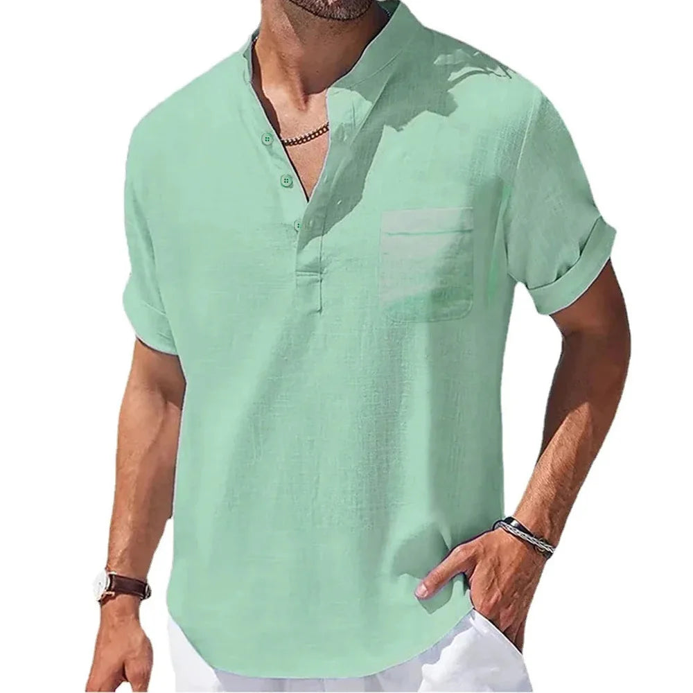 New Men's Casual Henley Collar Shirts Summer Solid Color Short Sleeve Cotton Linen Shirt Breathable Loose Beach T-Shirts