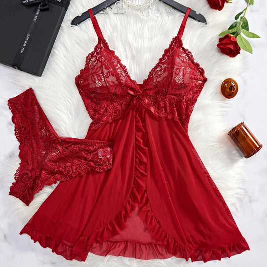 Women Sexy Lingerie Lace Nightdress Mini Dress with Panties Underwear Two-piece Red Backless  Nightgown