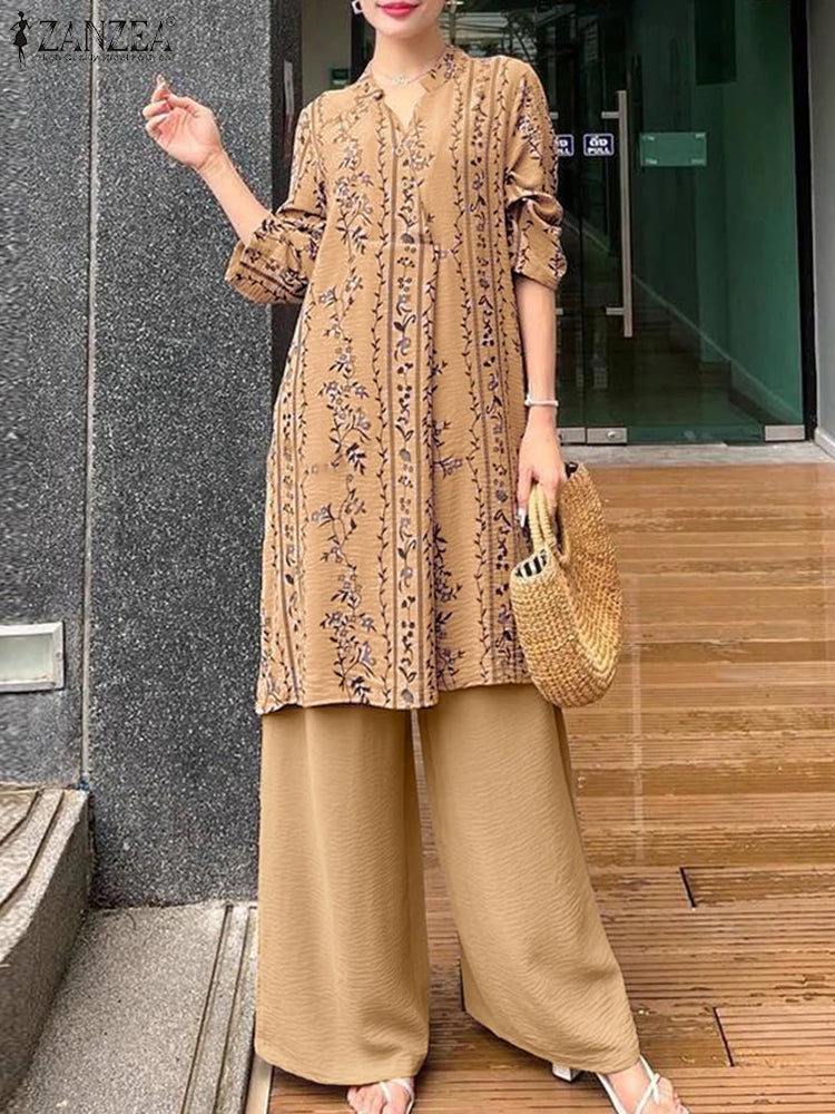 2025 ZANZEA 2 piece Fashion Autumn Long Shirt Pant Suits Women Outfts 2 Piece Sets Long Sleeve Printed Tops Trousers Casual Tracksuits