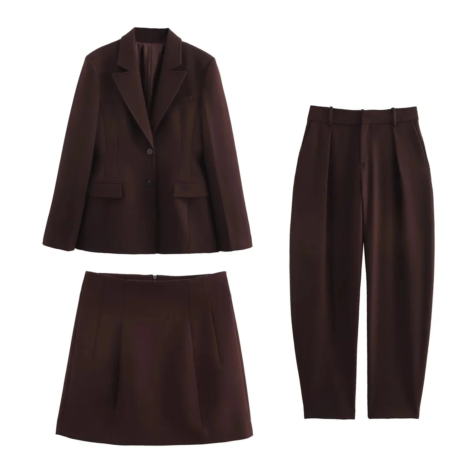 KONDALA 2025 Fall Winter Brown Elegant Office Lady Suits Fashion Shrug Pockets Blazers Elegant Zipper Skirts Chic Baggy Pants