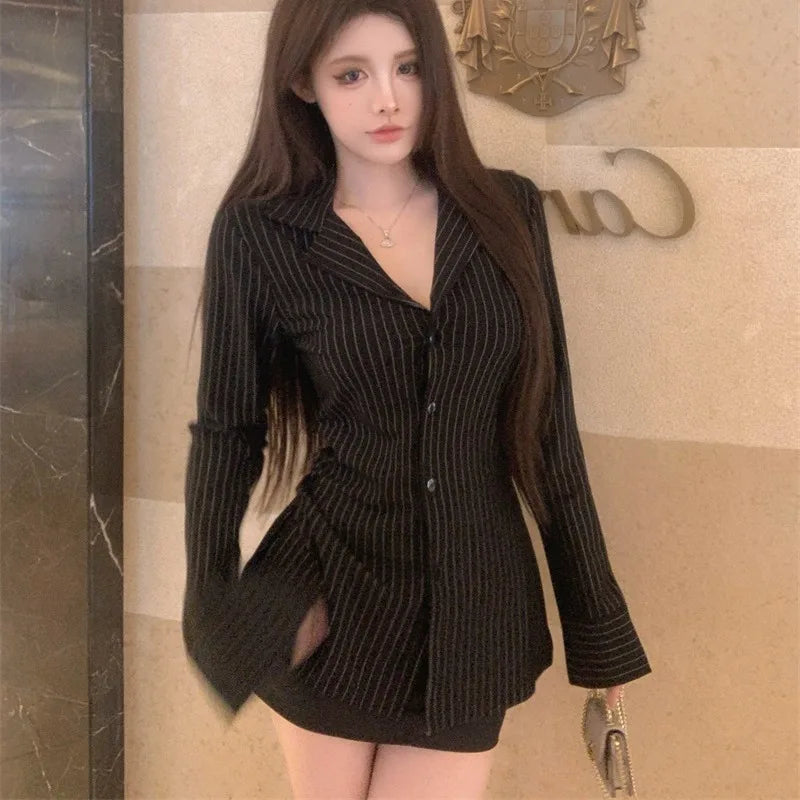 Striped Turn-down Collar Shirts Women Autumn Sexy Ladies Slim Fit Tops Long Sleeve Retro Fashion All-match Korean Style Popular