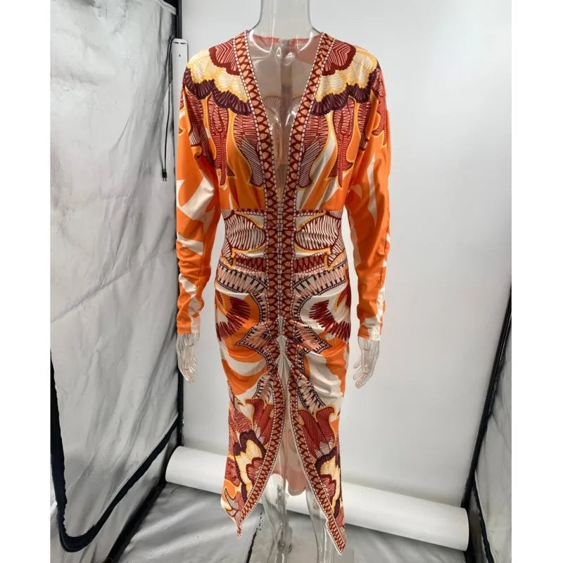 Women Elegant Print Sexy V-Neck Long Dresses Fashion Lady Long Sleeve Party Dress Summer 2025 Open Slit Temperament Office Dress
