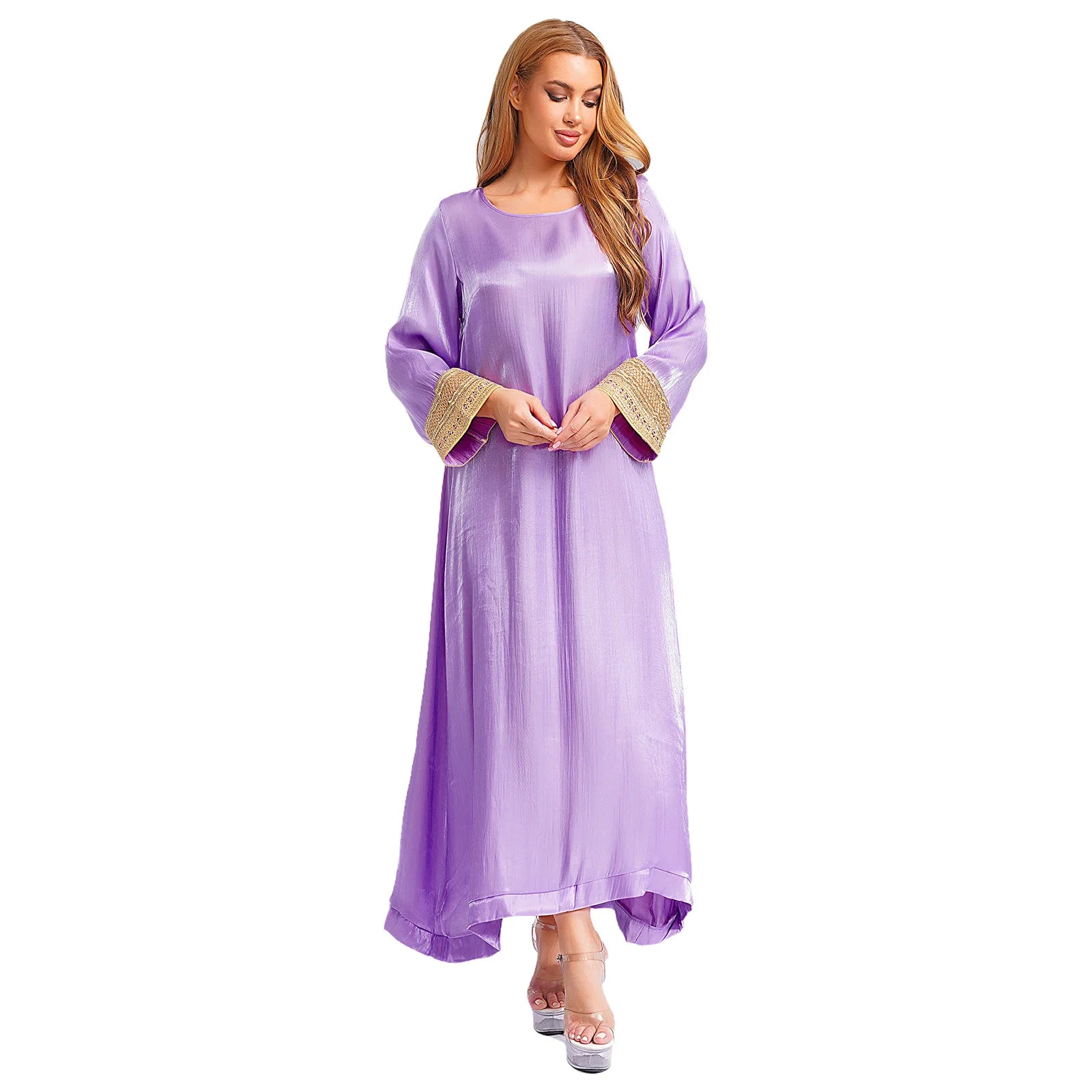 Womens Arabic Abaya Kaftan Dress Long Sleeve Loose Pullover Robe Shiny  Maxi Dress