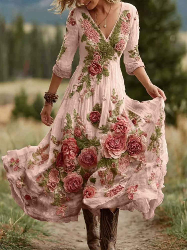 Casual Long Sleeve Party Dresses Elegant Flower Print Waist Big Swing Long Dress Women's Sexy Deep V-neck Draped Bohemian Dress