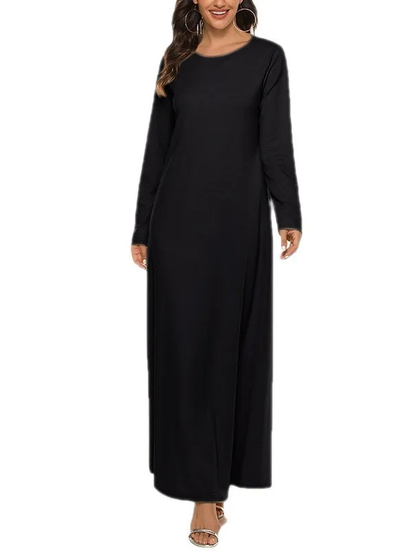 Women's Basic Long sleeved Laydown Round Neck Dress Solid Color Robe