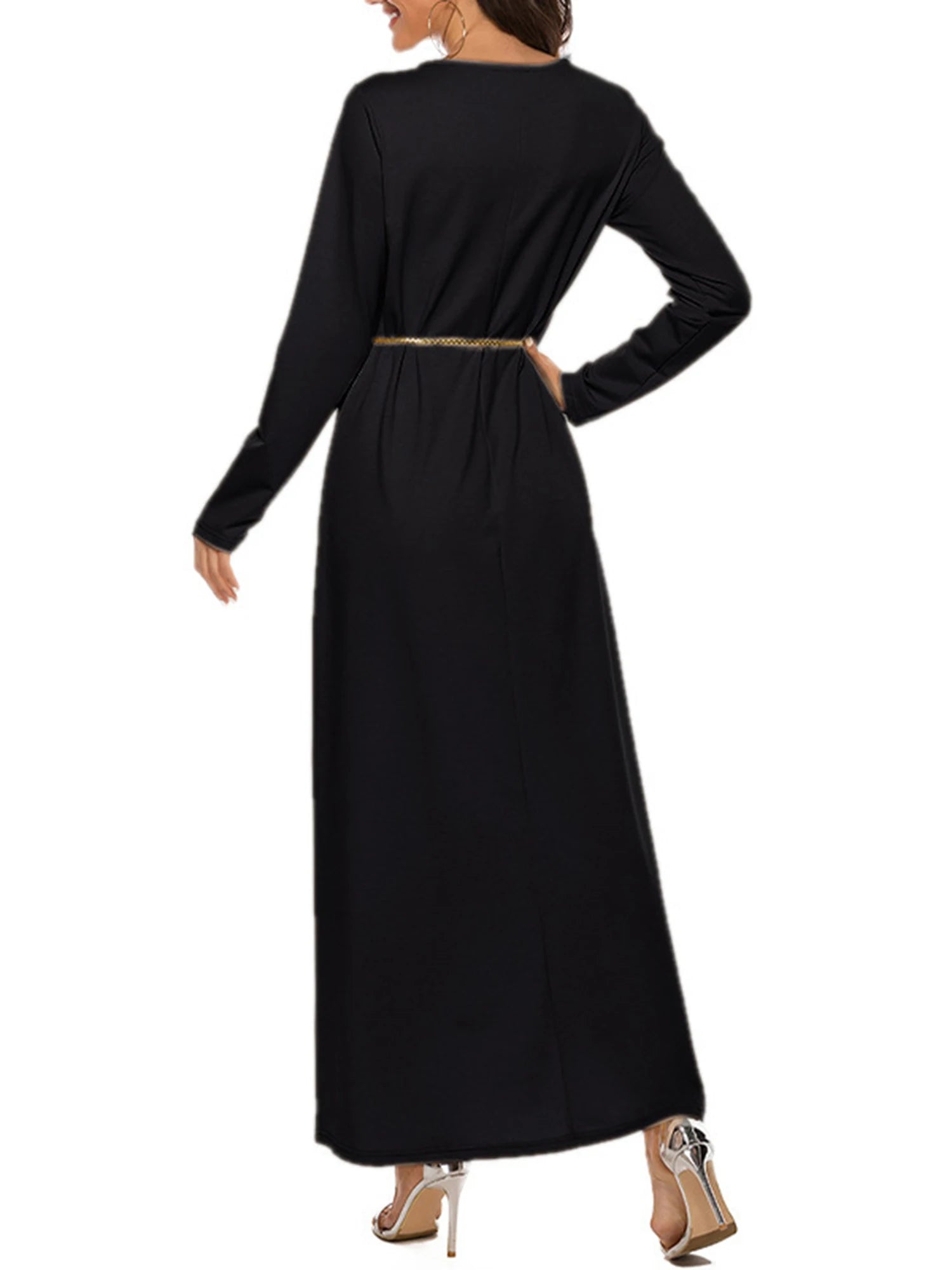 Women Solid Color  Arabian Dress Round Neck Sleeve  Long Robes Loose Basic Dress for Casual Wear