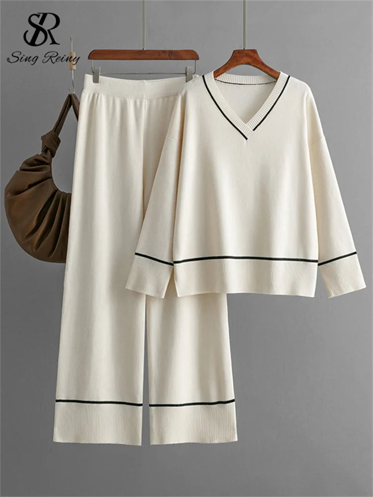 SINGREINY Homewear Knitting Sets Women V-Neck Split Basic Loose Tops+High Waist Wide Legs Pants Casual Autumn Winter 2PC Suits