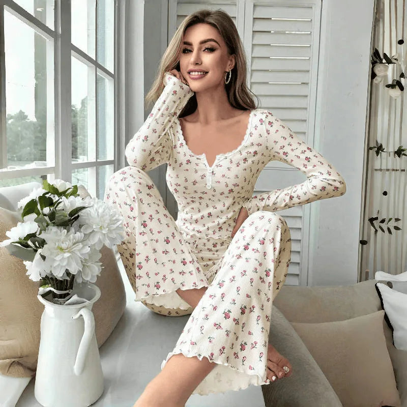 Spring Women's Sleepwear Fashion Floral Print Pajamas Set Tops Trousers Comfortable Casual Loungewear Female Nightwear