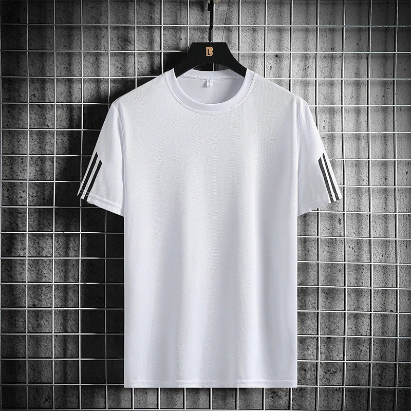 Three bar men's sports suit summer ice silk breathable mesh quick drying clothes quick drying pants outdoor running two-piece se