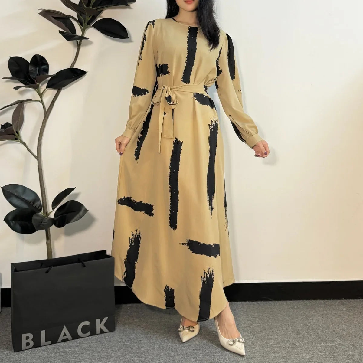 Abayas Fashion Female O-neck Full Sleeve A-line Casual Long Ramadan Maxi Dresses With Belt