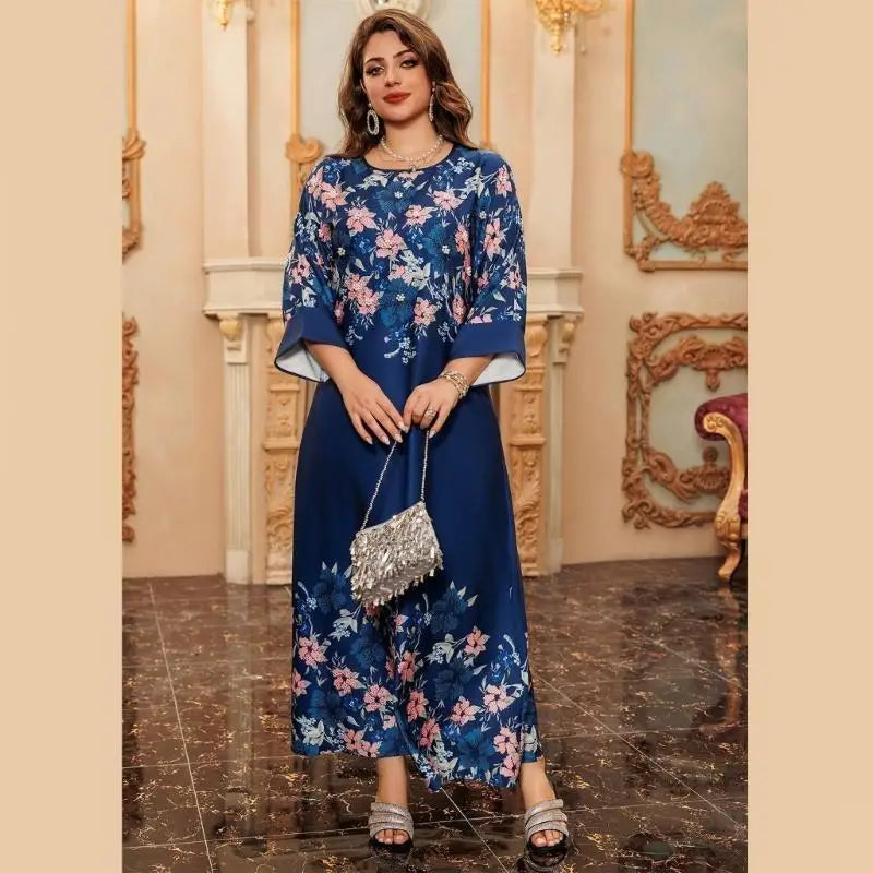 Women Kaftan Dress Flower Print Islamic Kaftan Dress Middle Eastern Robe Dress