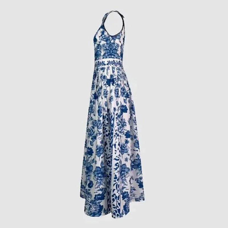Elegant Party Evening Long Dresses New Vintage Classic Blue Geometric Pattern Flower Printed Lapel A-Line Dresses For Women