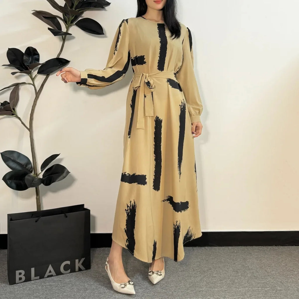 Abayas Fashion Female O-neck Full Sleeve A-line Casual Long Ramadan Maxi Dresses With Belt