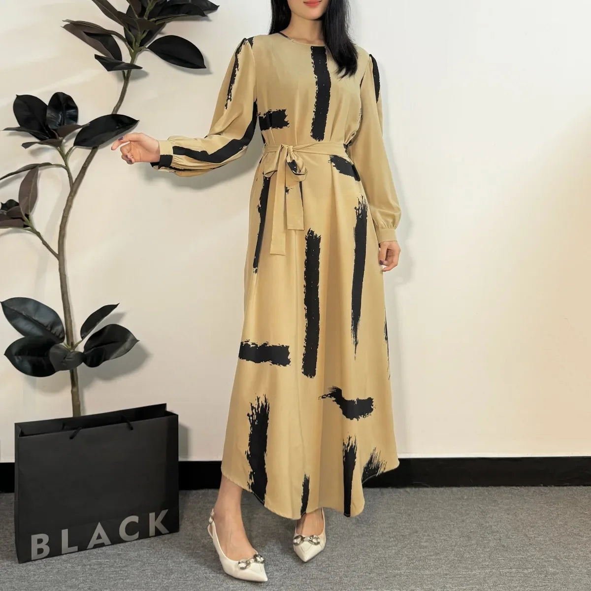 Abayas Fashion Female O-neck Full Sleeve A-line Casual Long Ramadan Maxi Dresses With Belt