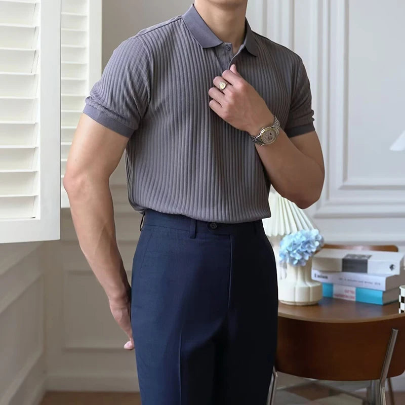 Vertical Stripe Knit Polo Men's Shirts Summer New Slim Breathable Turn-Down Collar Business Short Sleeve Polo Tops