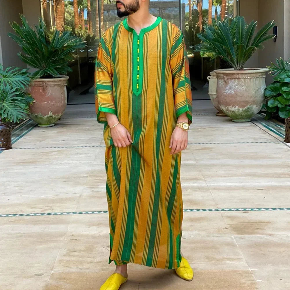 New 2025 Islamic Clothing Men Robe Kaftan Muslim Man Moroccan Casual Long Dress Arabic Striped Robe Middle East National Costume