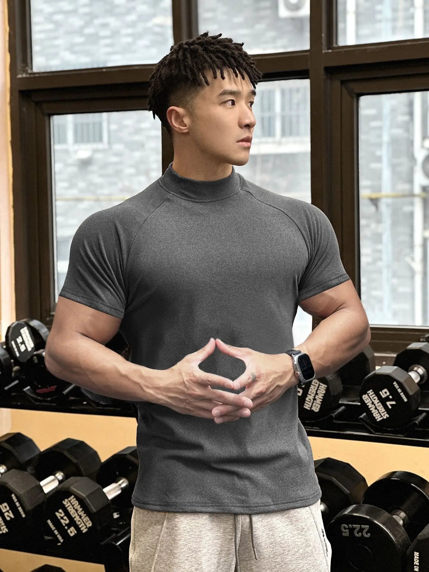 New autumn and winter fitness brothers sports men's T-shirt de velvet round neck running short sleeve men high neck casual shirt