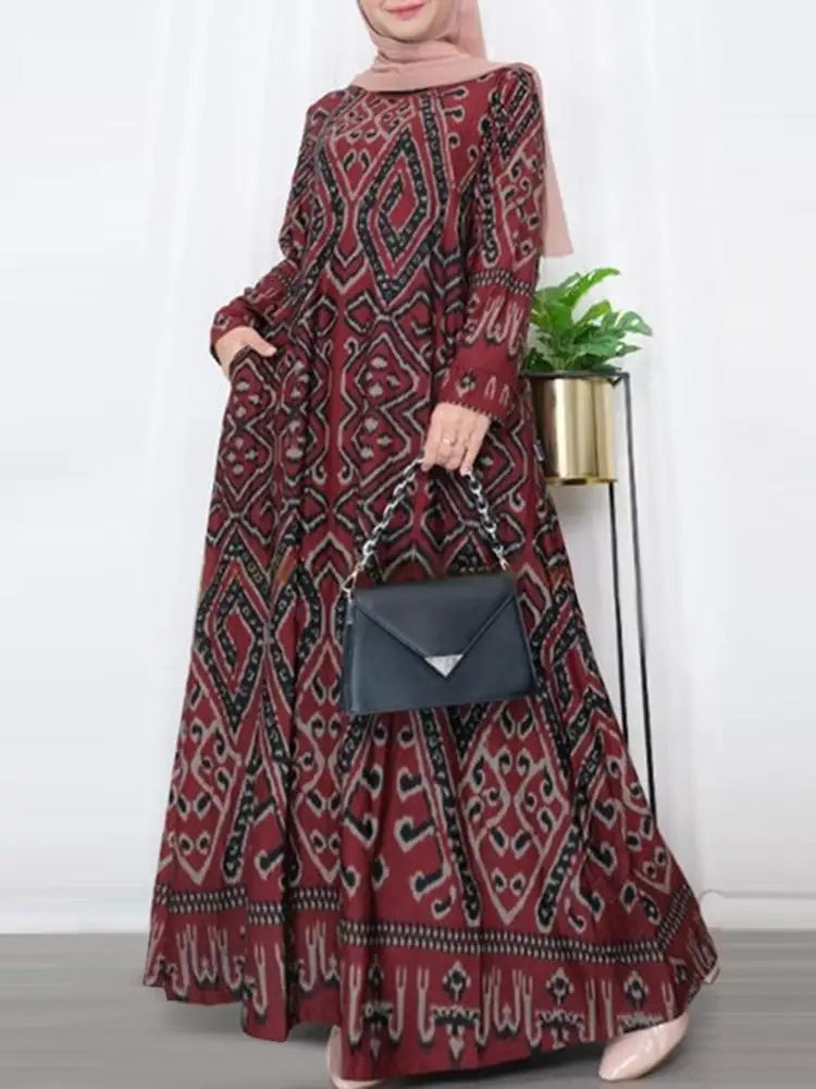 ZANZEA Vintage Printing Maxi Dress Casual Bohemian  Long Sleeve Elegant Women Loose Long Robe