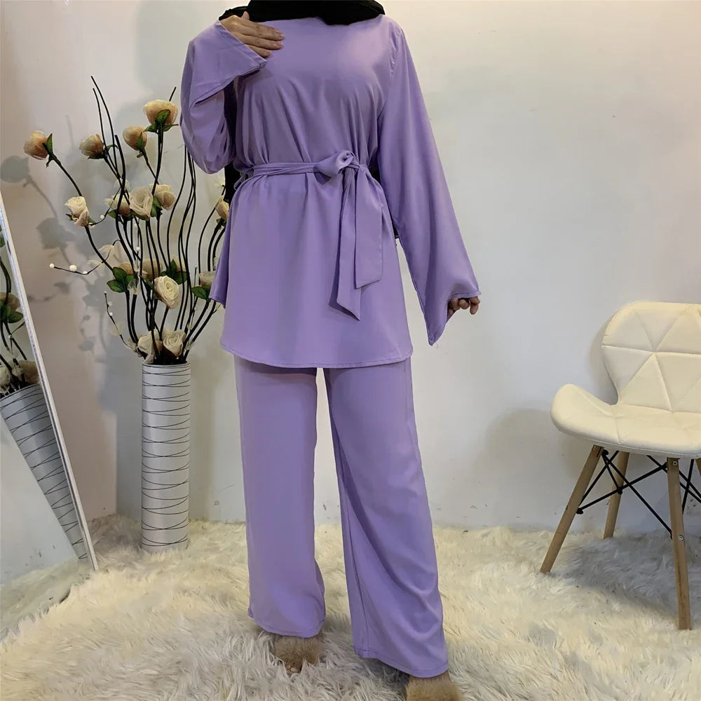 Two-pieces Abaya Turkish Kimono Tops Pants Muslim Dress Abayas Hijab Robe Dubai Caftan Kaftan Islam Clothing For Women Fashion