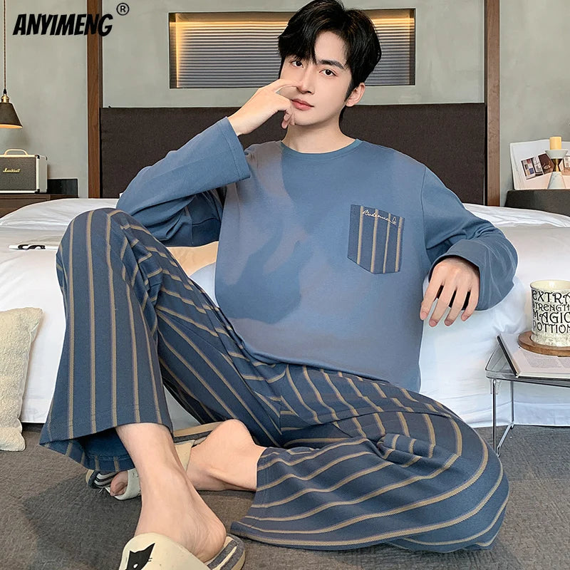 Winter Autumn Men Pajamas Set Faux Cotton Sleepwear Leisure Pyjamas for Boy Casual Homesuit Long Sleeves Pijama Youth Nightwear