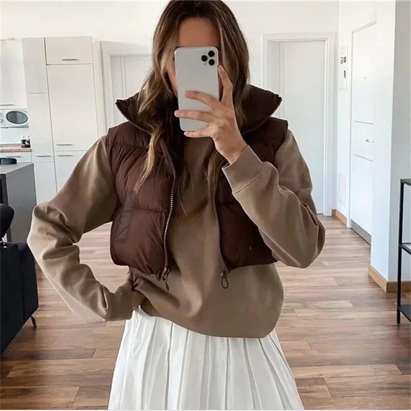 Women Winter Warm Crop Waistcoat Sleeveless Stand Collar Double Sided Lightweight Puffer Vest