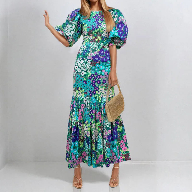 Fashion Print Dress For Women Casual O-Neck Puff Sleeve High Waist Dresses Robe Femme Elegant Party Womens Clothing Summer New