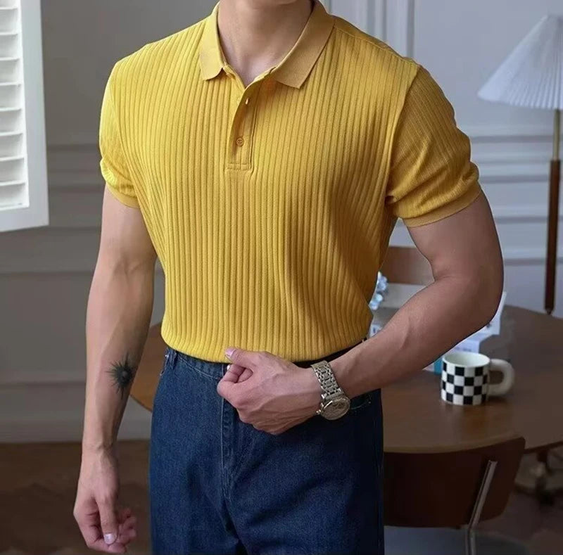 Vertical Stripe Knit Polo Men's Shirts Summer New Slim Breathable Turn-Down Collar Business Short Sleeve Polo Tops