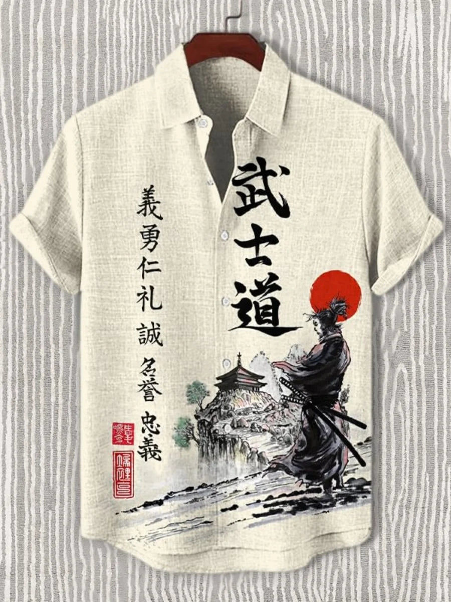 New men's fashionable shirts, 3D art printed Bushido patterns, casual and comfortable shirts, summer short-sleeved shirts