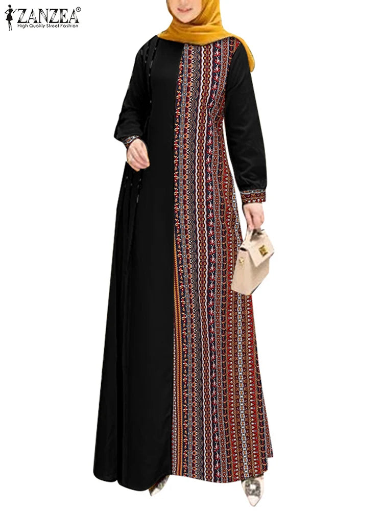 ZANZEA Women Ethnic Printed Panels Maxi Dress Long Sleeve Hijab O Neck   Patchwork  Loose Casual Abaya Robe
