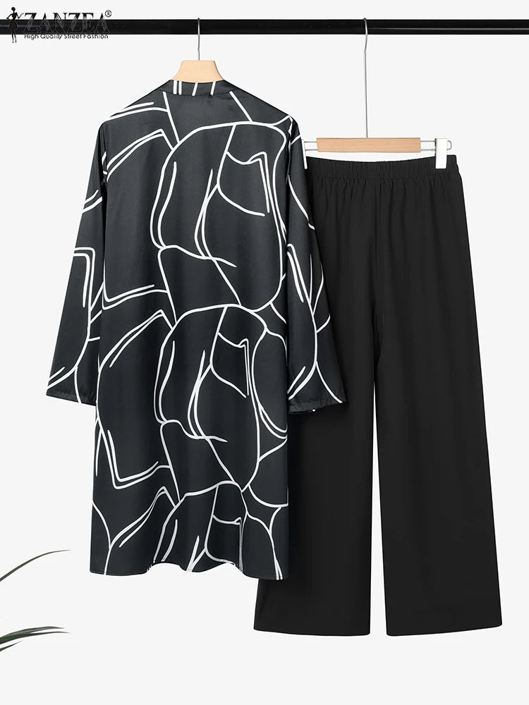 2025 ZANZEA Autumn Printed Tracksuits Women Outfits 2 Piece Sets Long Sleeve Blouse Wide Leg Pant Suit Long Shirt Loose Trousers