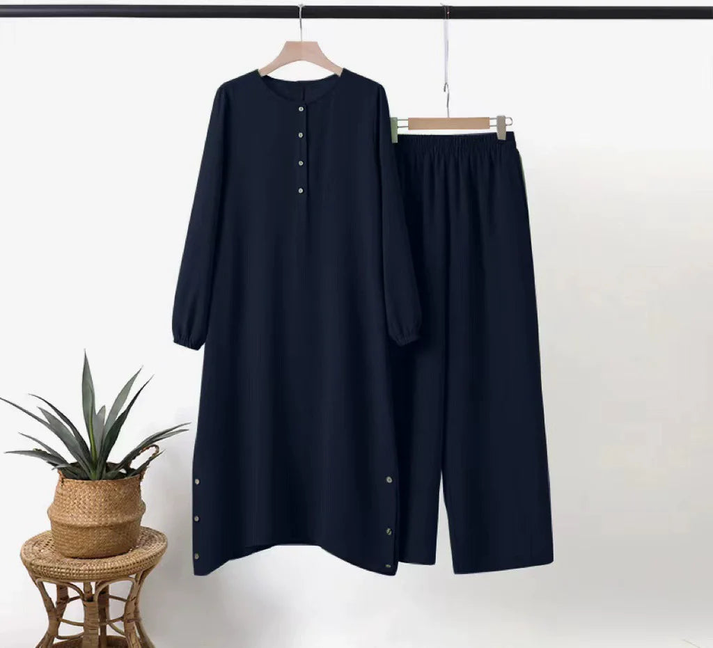 Two Piece Women Modest Set Top Lace Up Wide Leg Pants Suit Ramadan  Casual Ensemble Arabic Outfits