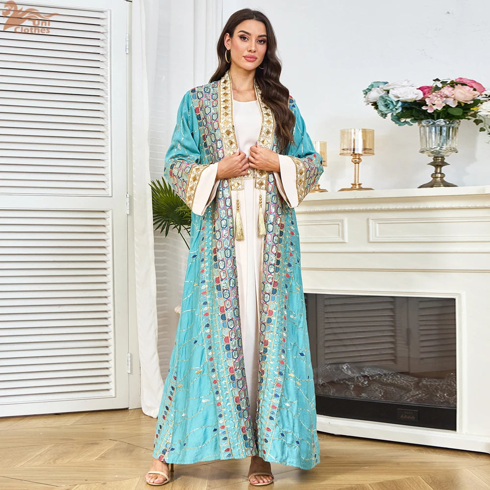 2025 Dubai Luxury Sequin Embroidered Dress  Women Open Abayas Maxi Dress Robe Set