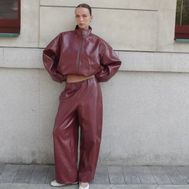 ladies Stylish Leather Solid Jacket Pants Set Women Stand Collar Zipper Coat Loose Trousers Sets Female 2025 Autumn Fashion Streetwears