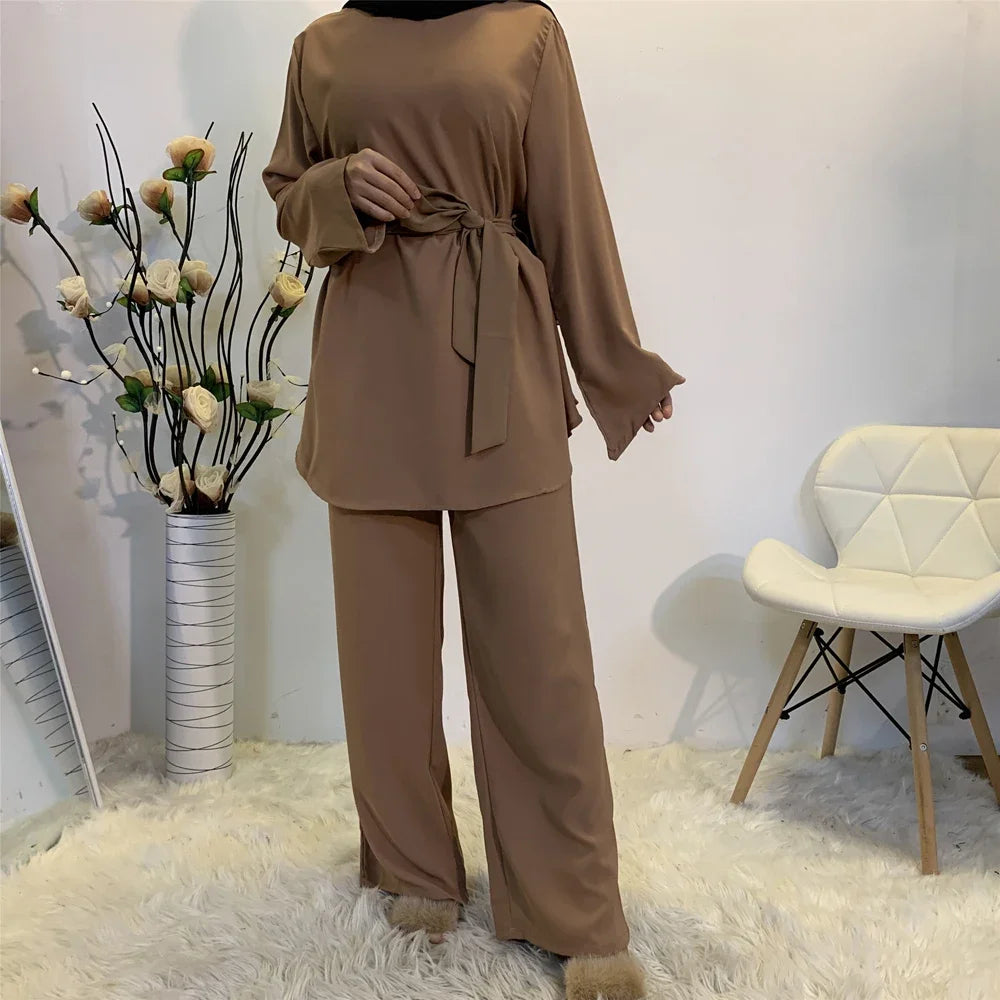 Two-pieces Abaya Turkish Kimono Tops Pants Muslim Dress Abayas Hijab Robe Dubai Caftan Kaftan Islam Clothing For Women Fashion
